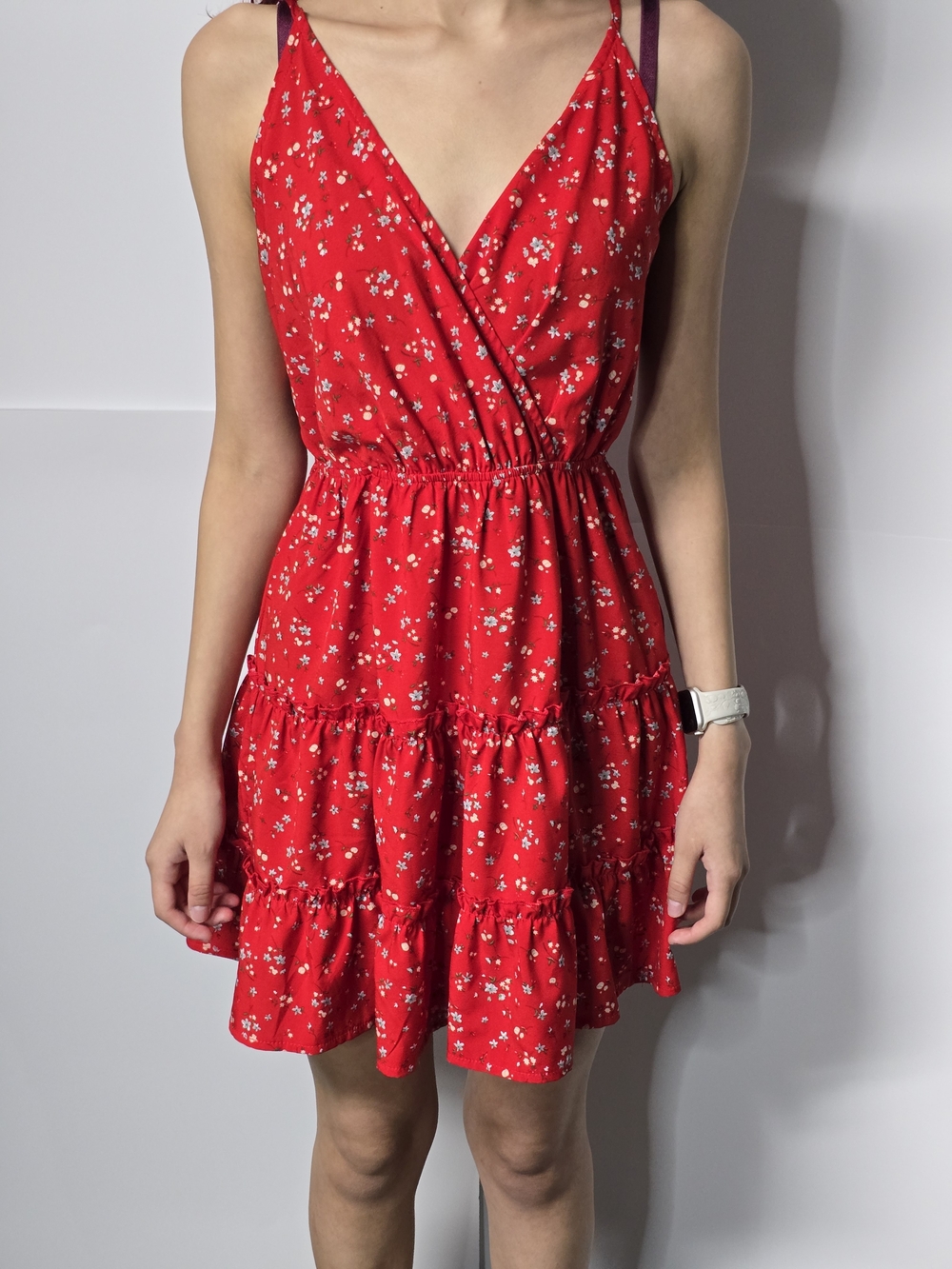 ROMWE Red Floral Wrap Tiered Mini Dress